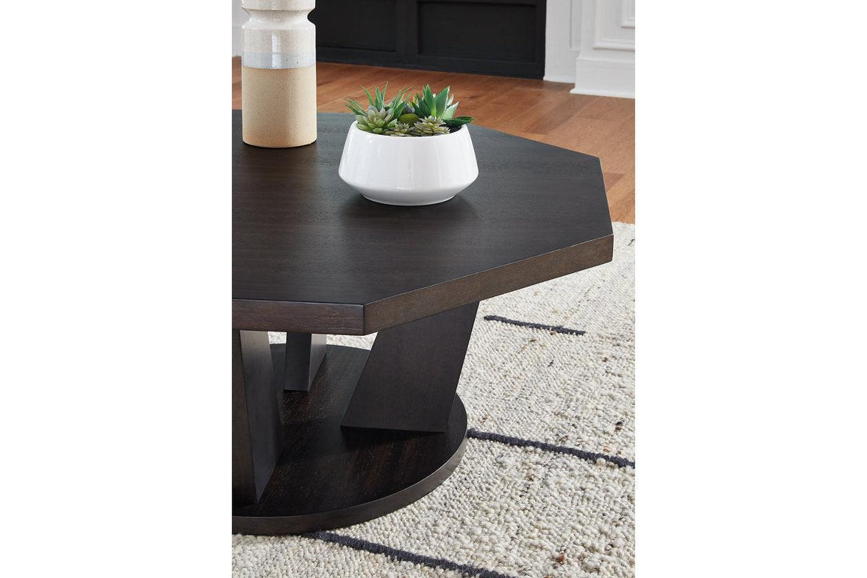 Chasinfield Dark Brown Coffee Table and 2 End Tables by Ashley at Eve Furniture