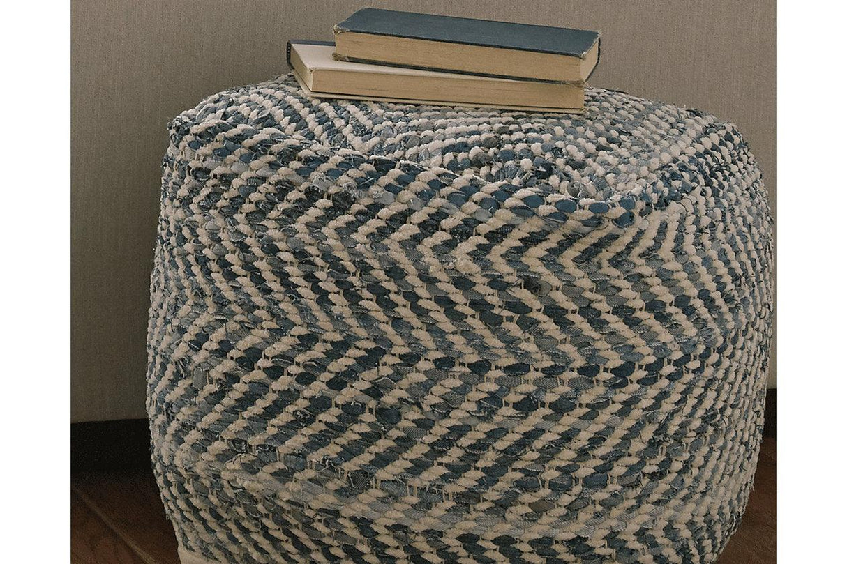 Chevron Blue Pouf by Ashley at Eve Furniture