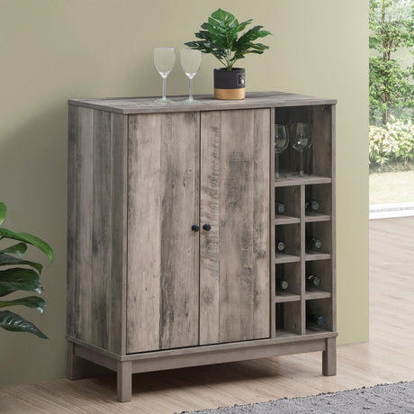 Cheyenne Weathered Acacia 2-Door Wine Cabinet with Stemware Rack by Coaster at Eve Furniture