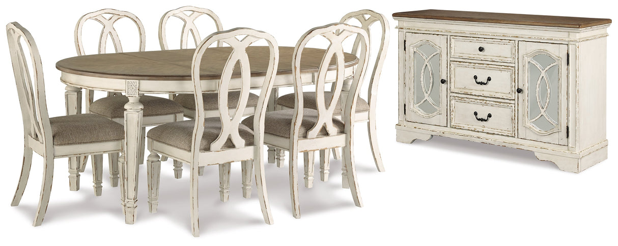 Realyn Chipped White Oval Dining Table and 6 Chairs with Server