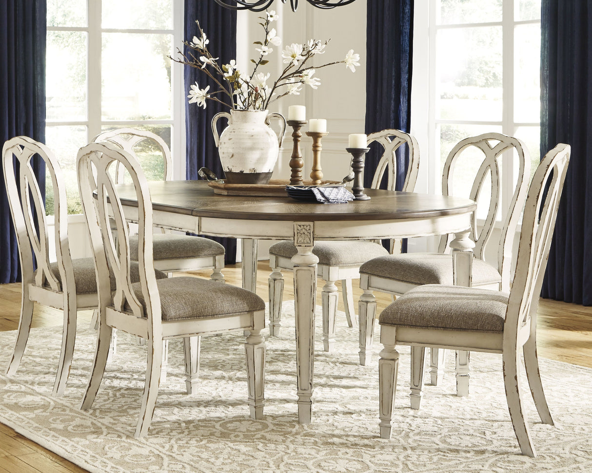 Realyn Chipped White Oval Dining Table and 6 Chairs with Server