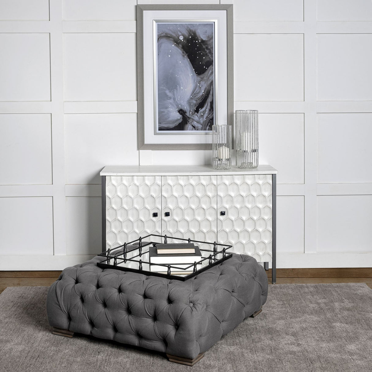 Christa 22L x 22W Black Metal Mirrored Base Square Tray by Mercana at Eve Furniture