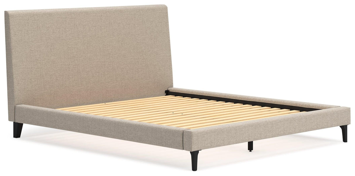 Cielden Soft Gray California King Upholstered Bed with Roll Slats by Ashley at Eve Furniture