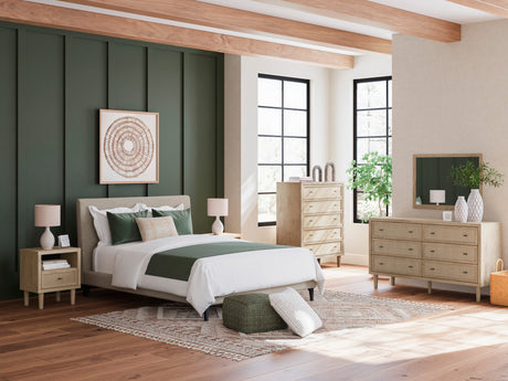 Cielden Soft Gray/Tan Upholstered Platform Bedroom Set by Ashley at Eve Furniture