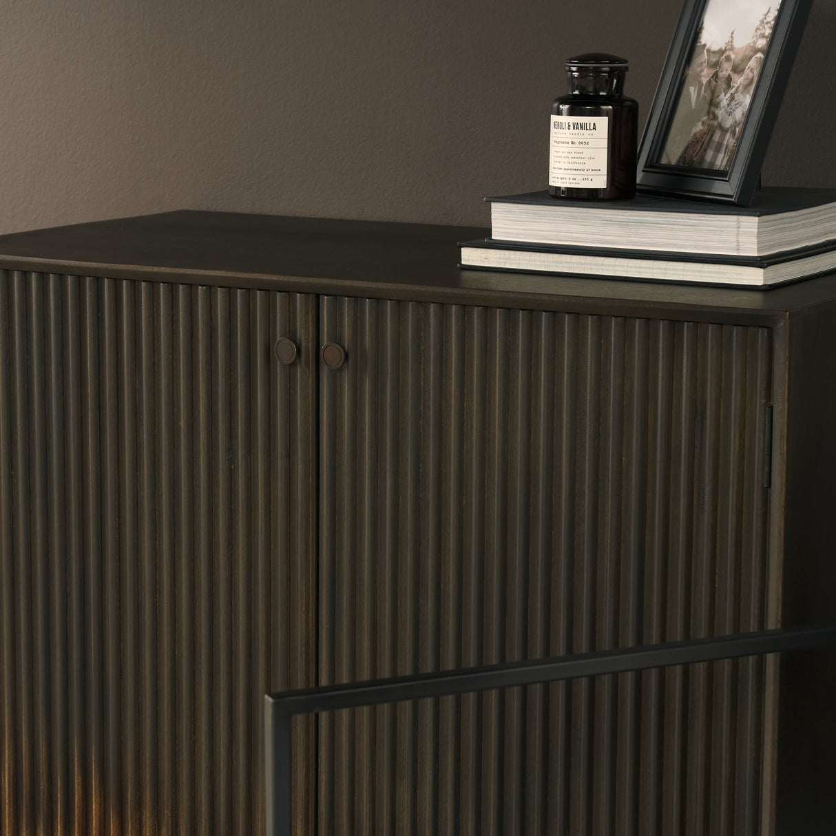 Cinder Distressed Dark Brown Wood Reeded 2-Door Closed Accent Cabinet by Mercana at Eve Furniture