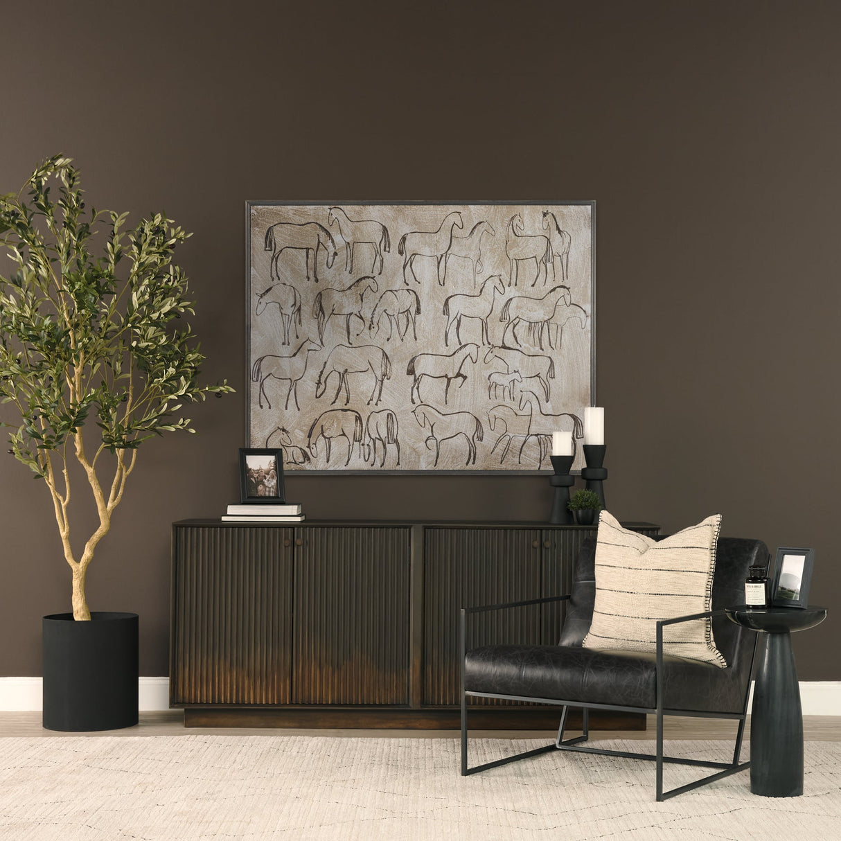 Cinder Distressed Dark Brown Wood Reeded 4-Door Closed Sideboard by Mercana at Eve Furniture