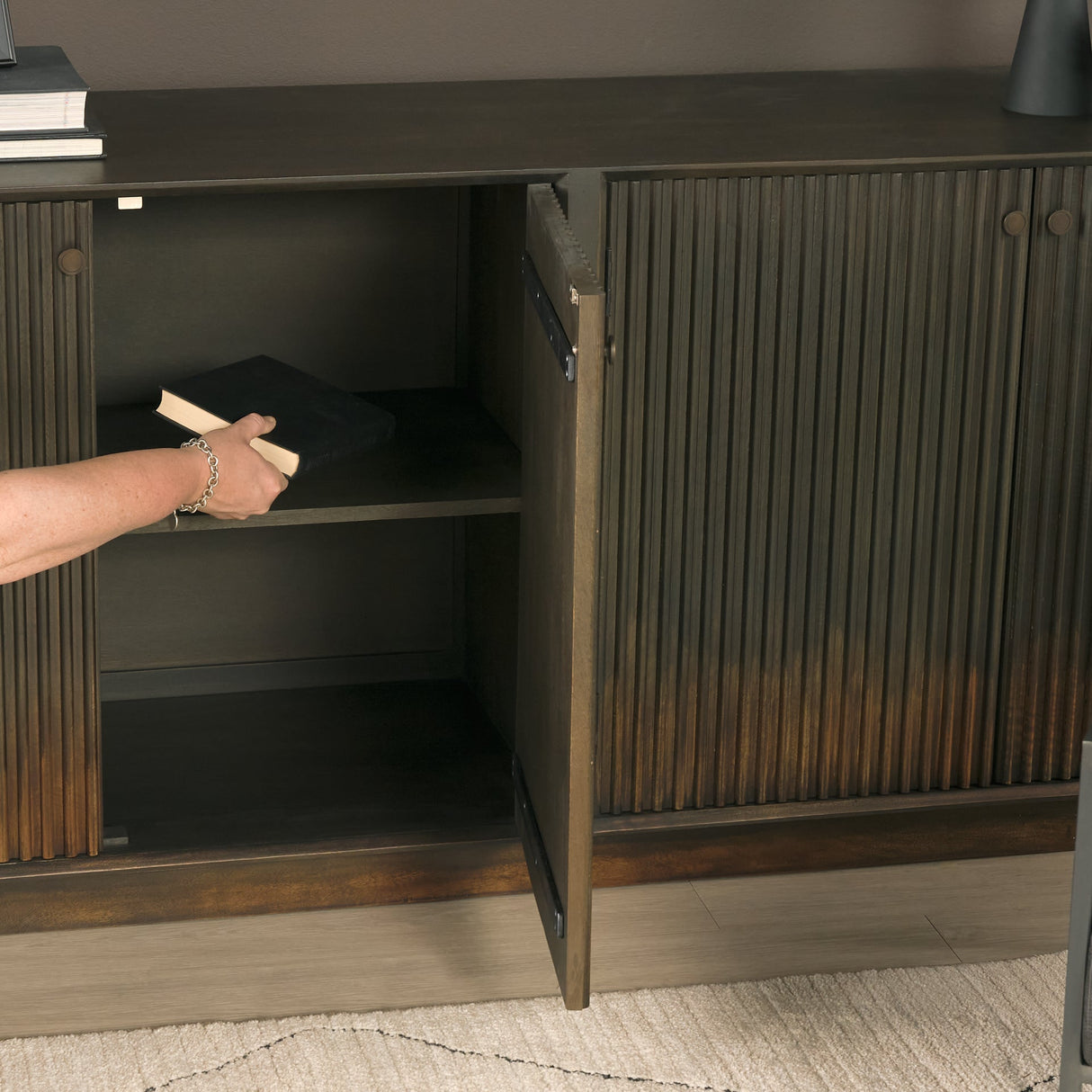 Cinder Distressed Dark Brown Wood Reeded 4-Door Closed Sideboard by Mercana at Eve Furniture