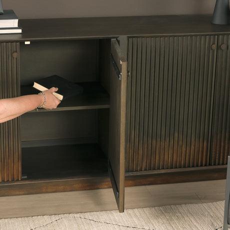 Cinder Distressed Dark Brown Wood Reeded 4-Door Closed Sideboard by Mercana at Eve Furniture