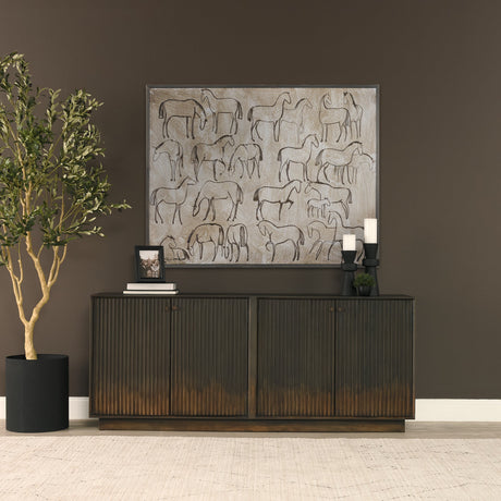 Cinder Distressed Dark Brown Wood Reeded 4-Door Closed Sideboard by Mercana at Eve Furniture