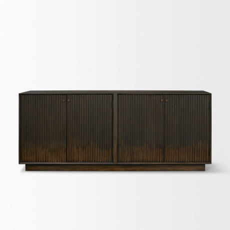 Cinder Distressed Dark Brown Wood Reeded 4-Door Closed Sideboard by Mercana at Eve Furniture