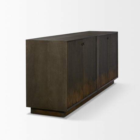 Cinder Distressed Dark Brown Wood Reeded 4-Door Closed Sideboard by Mercana at Eve Furniture