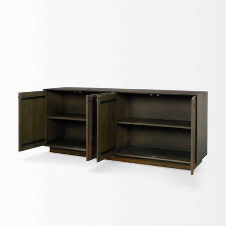 Cinder Distressed Dark Brown Wood Reeded 4-Door Closed Sideboard by Mercana at Eve Furniture