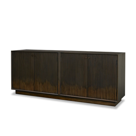 Cinder Distressed Dark Brown Wood Reeded 4-Door Closed Sideboard by Mercana at Eve Furniture