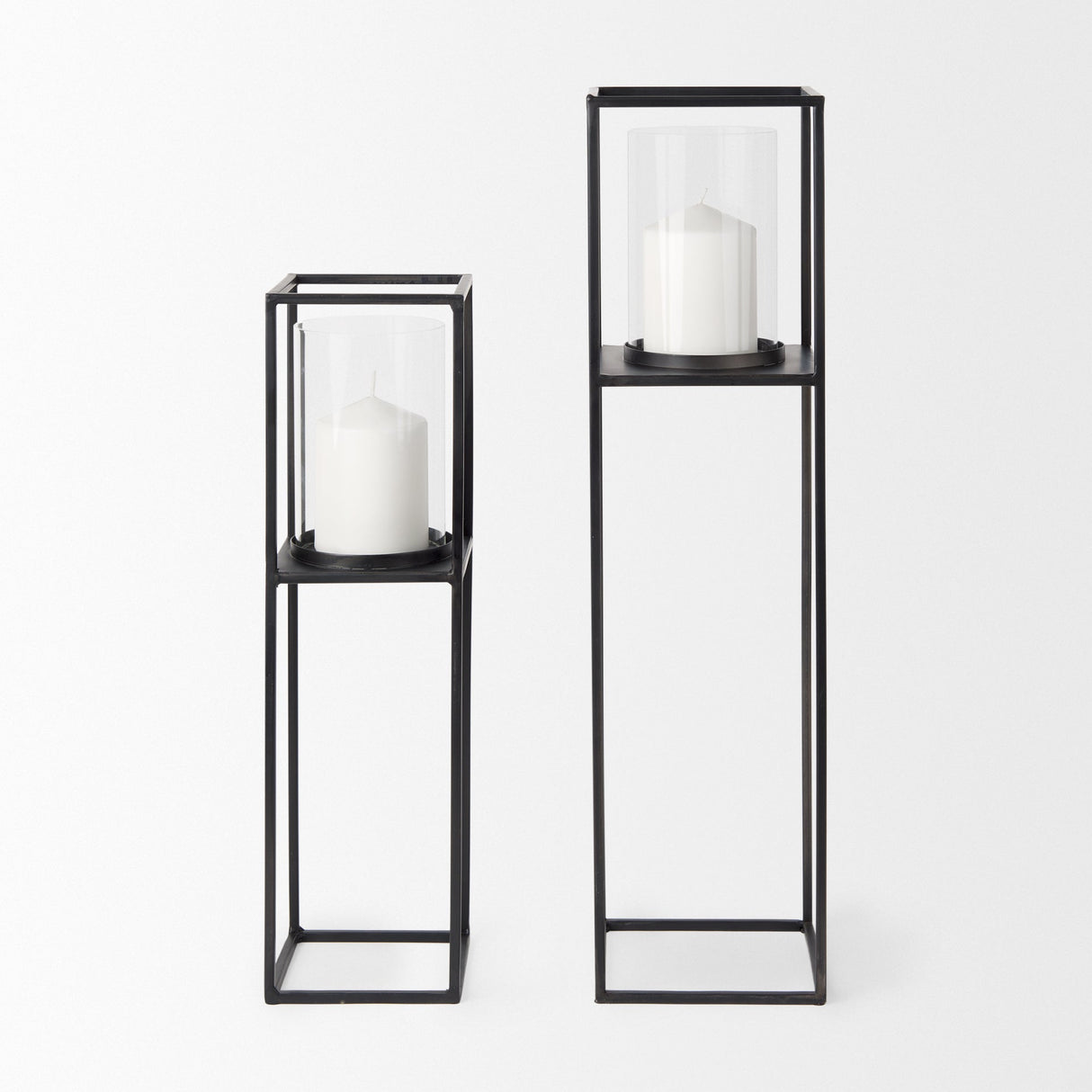 Cindy Set of 2 Matte Black Metal and Hurricane Glass Pillar Tabletop Candle Holders by Mercana at Eve Furniture