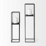 Cindy Set of 2 Matte Black Metal and Hurricane Glass Pillar Tabletop Candle Holders by Mercana at Eve Furniture