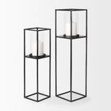 Cindy Set of 2 Matte Black Metal and Hurricane Glass Pillar Tabletop Candle Holders by Mercana at Eve Furniture