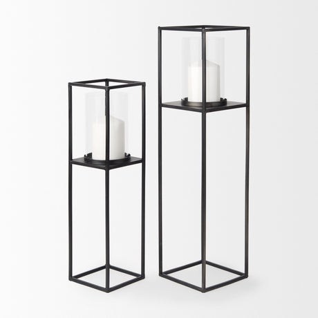 Cindy Set of 2 Matte Black Metal and Hurricane Glass Pillar Tabletop Candle Holders by Mercana at Eve Furniture
