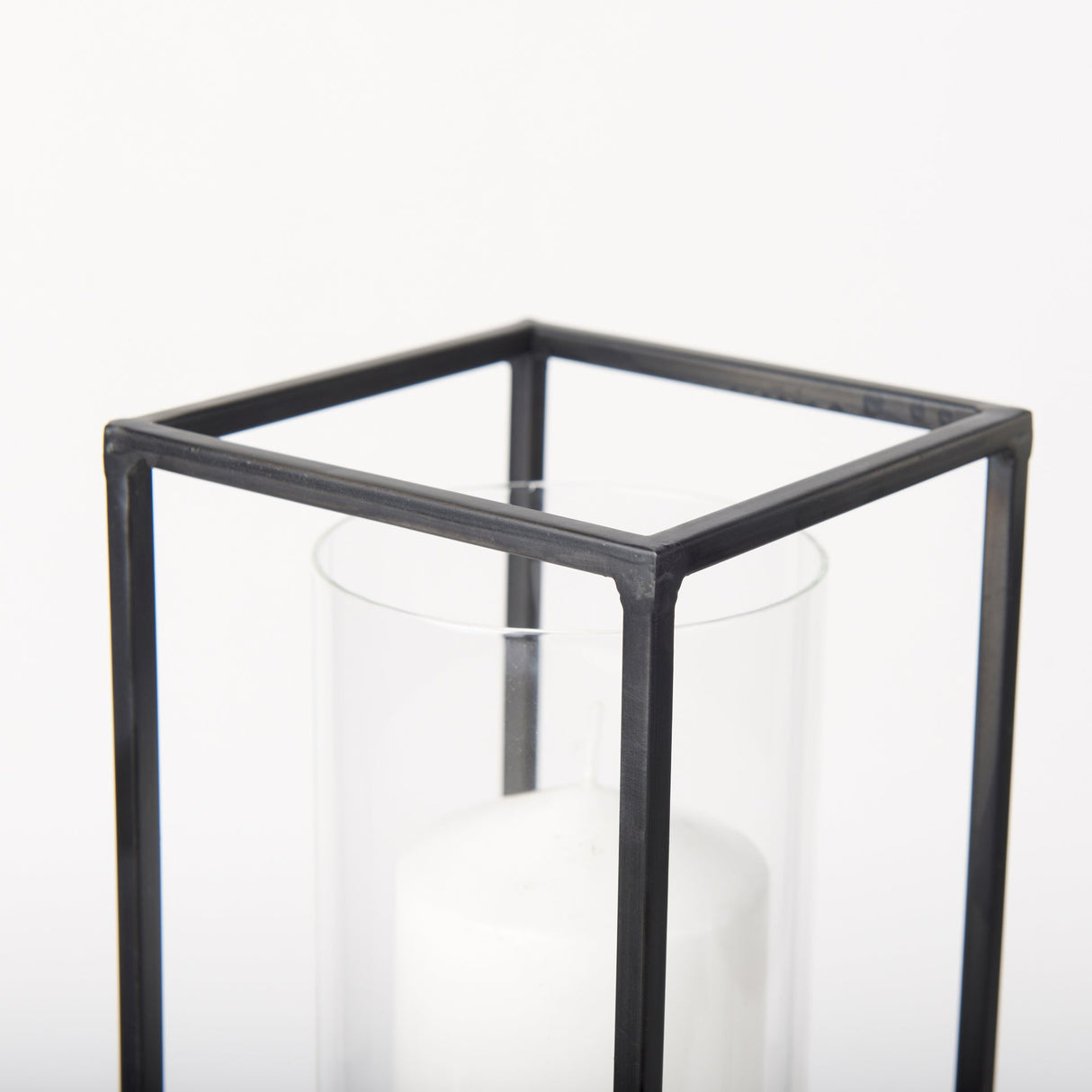 Cindy Set of 2 Matte Black Metal and Hurricane Glass Pillar Tabletop Candle Holders by Mercana at Eve Furniture