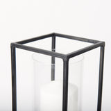 Cindy Set of 2 Matte Black Metal and Hurricane Glass Pillar Tabletop Candle Holders by Mercana at Eve Furniture