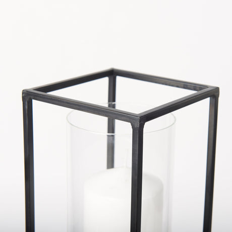 Cindy Set of 2 Matte Black Metal and Hurricane Glass Pillar Tabletop Candle Holders by Mercana at Eve Furniture