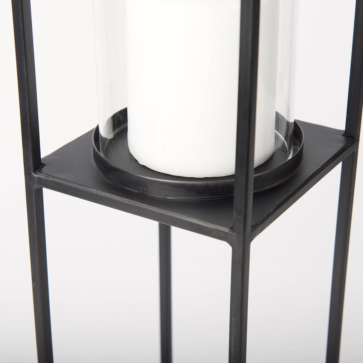 Cindy Set of 2 Matte Black Metal and Hurricane Glass Pillar Tabletop Candle Holders by Mercana at Eve Furniture