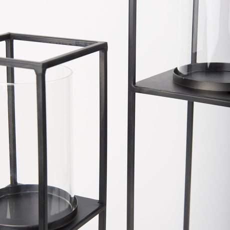 Cindy Set of 2 Matte Black Metal and Hurricane Glass Pillar Tabletop Candle Holders by Mercana at Eve Furniture