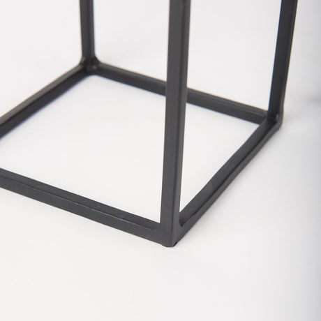Cindy Set of 2 Matte Black Metal and Hurricane Glass Pillar Tabletop Candle Holders by Mercana at Eve Furniture