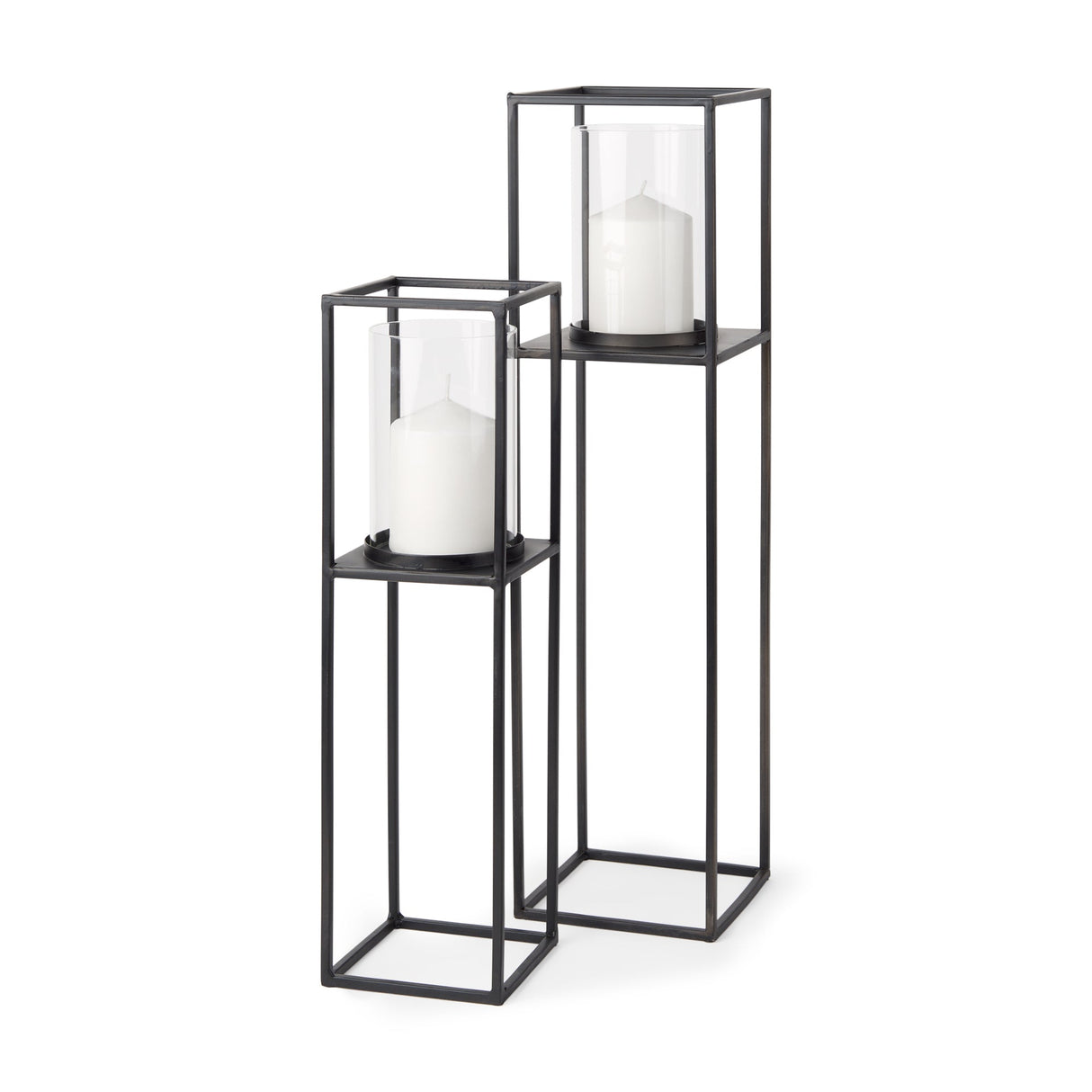 Cindy Set of 2 Matte Black Metal and Hurricane Glass Pillar Tabletop Candle Holders by Mercana at Eve Furniture