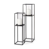Cindy Set of 2 Matte Black Metal and Hurricane Glass Pillar Tabletop Candle Holders by Mercana at Eve Furniture