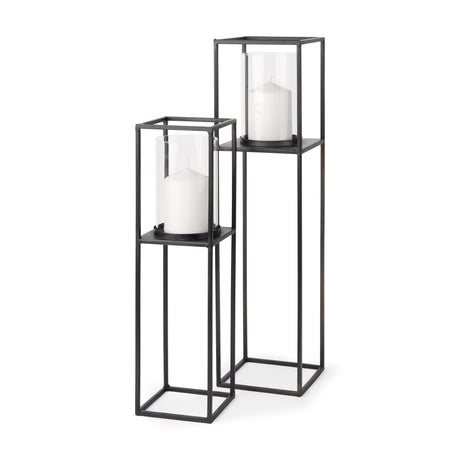 Cindy Set of 2 Matte Black Metal and Hurricane Glass Pillar Tabletop Candle Holders by Mercana at Eve Furniture