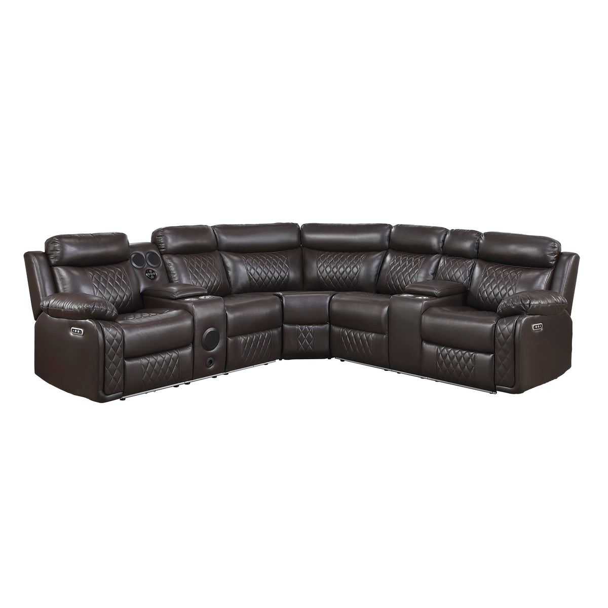 Cipher Dark Brown 3-Piece Power Reclining Sectional with Two Consoles, Speakers, Subwoofer, LED Lighting and Charging Port by Homelegance at Eve Furniture