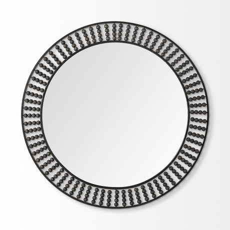 Claiborne Round Black Metal Frame Mirror w/Wood Beads by Mercana at Eve Furniture