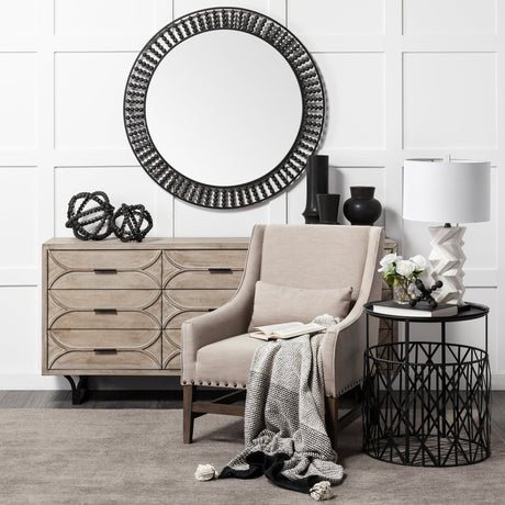 Claiborne Round Black Metal Frame Mirror w/Wood Beads by Mercana at Eve Furniture