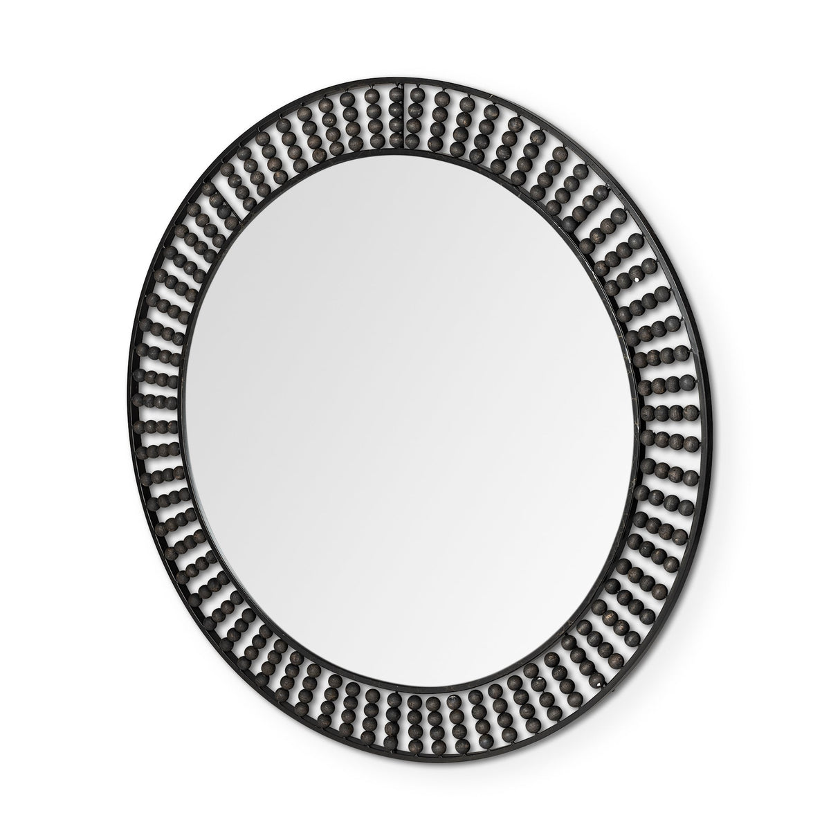 Claiborne Round Black Metal Frame Mirror w/Wood Beads by Mercana at Eve Furniture