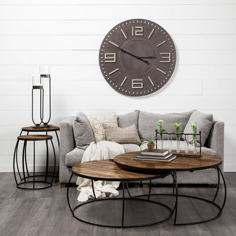 Clapp I Set of 2 ( & ) Round Brown Wood Top Black Iron Base Nesting Coffee Tables by Mercana at Eve Furniture