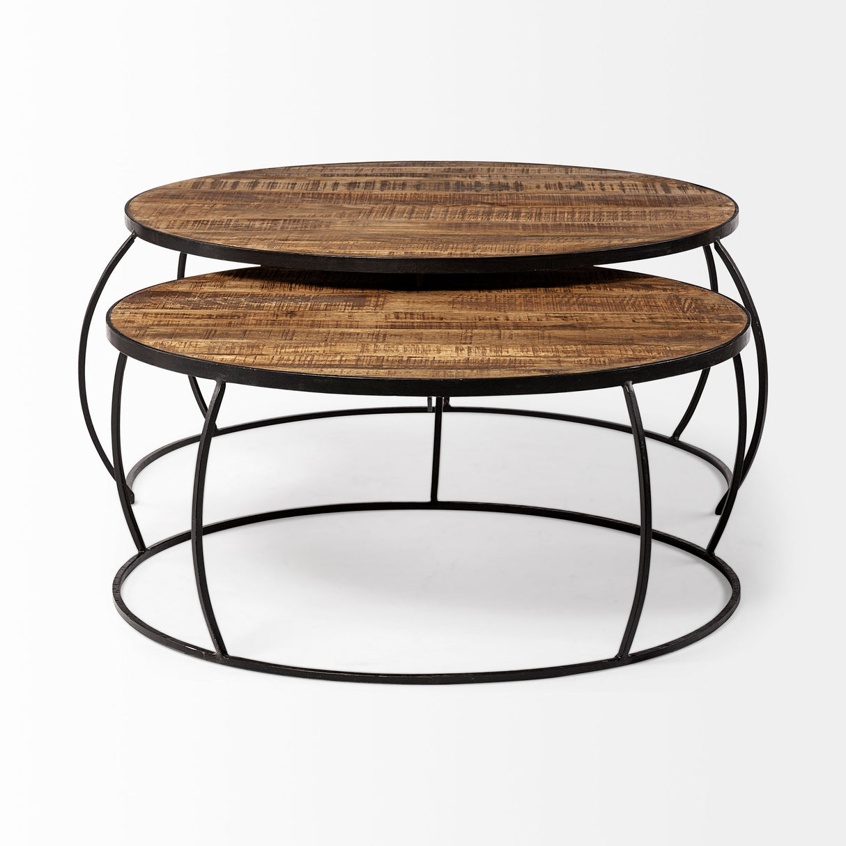 Clapp I Set of 2 ( & ) Round Brown Wood Top Black Iron Base Nesting Coffee Tables by Mercana at Eve Furniture