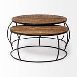 Clapp I Set of 2 ( & ) Round Brown Wood Top Black Iron Base Nesting Coffee Tables by Mercana at Eve Furniture