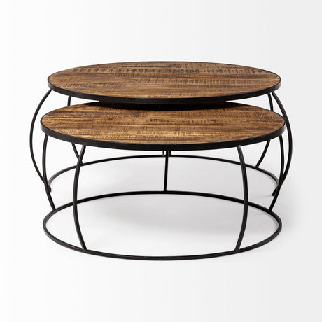 Clapp I Set of 2 ( & ) Round Brown Wood Top Black Iron Base Nesting Coffee Tables by Mercana at Eve Furniture