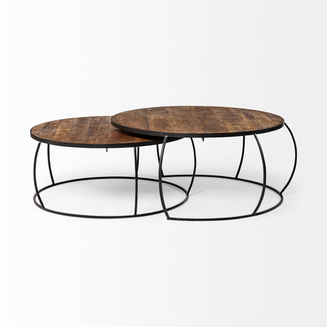Clapp I Set of 2 ( & ) Round Brown Wood Top Black Iron Base Nesting Coffee Tables by Mercana at Eve Furniture