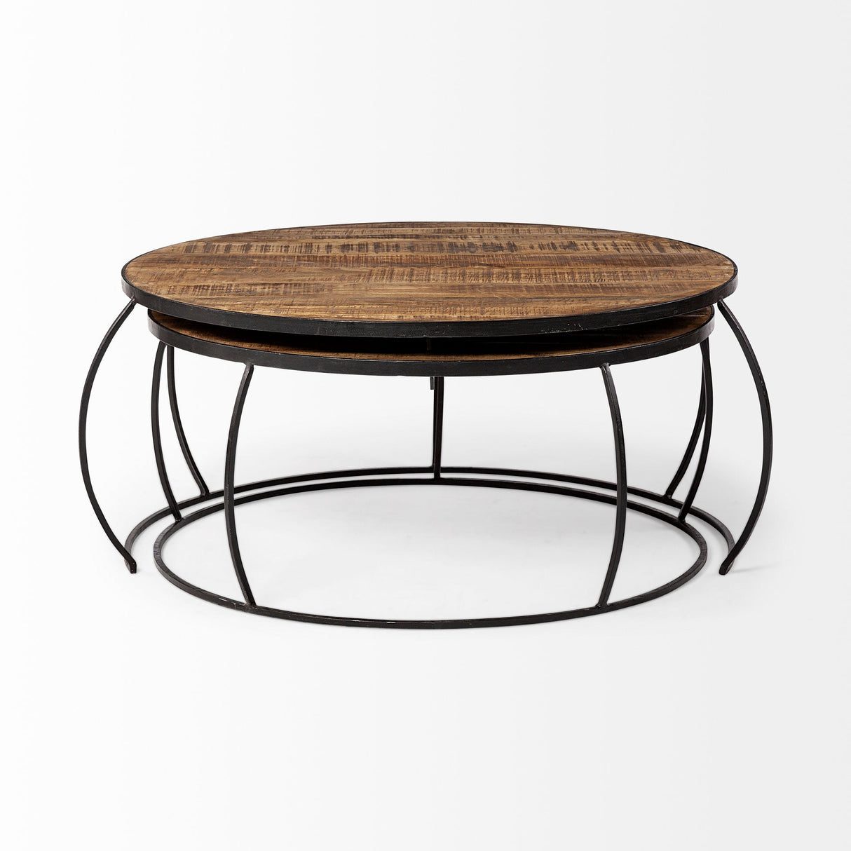 Clapp I Set of 2 ( & ) Round Brown Wood Top Black Iron Base Nesting Coffee Tables by Mercana at Eve Furniture
