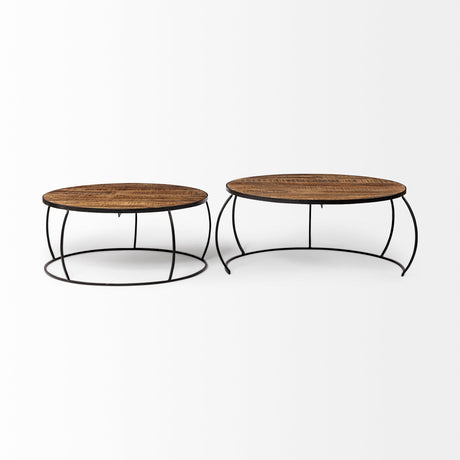 Clapp I Set of 2 ( & ) Round Brown Wood Top Black Iron Base Nesting Coffee Tables by Mercana at Eve Furniture