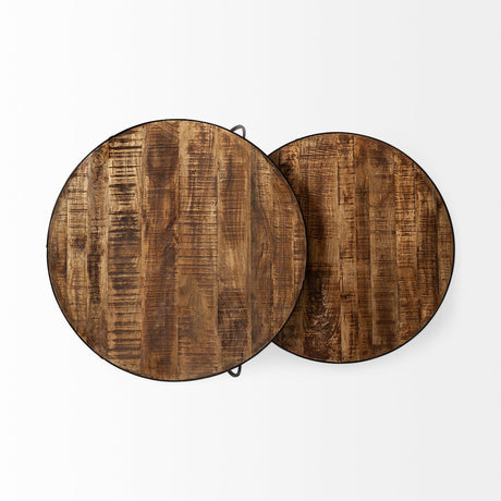Clapp I Set of 2 ( & ) Round Brown Wood Top Black Iron Base Nesting Coffee Tables by Mercana at Eve Furniture