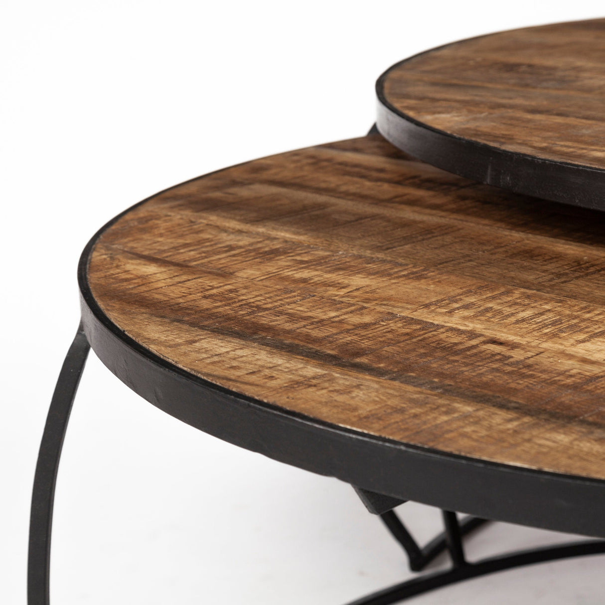 Clapp I Set of 2 ( & ) Round Brown Wood Top Black Iron Base Nesting Coffee Tables by Mercana at Eve Furniture