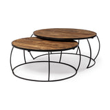 Clapp I Set of 2 ( & ) Round Brown Wood Top Black Iron Base Nesting Coffee Tables by Mercana at Eve Furniture