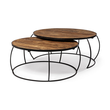 Clapp I Set of 2 ( & ) Round Brown Wood Top Black Iron Base Nesting Coffee Tables by Mercana at Eve Furniture