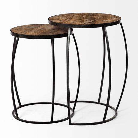 Clapp IV (Set of 2) Brown Round Wood Top W/ Black Iron Frame Nesting Accent Tables by Mercana at Eve Furniture