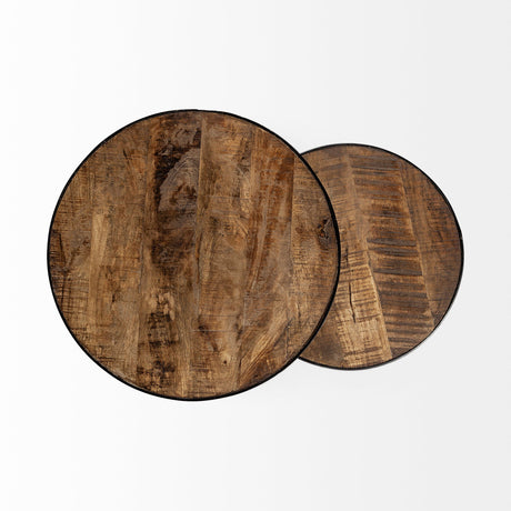 Clapp IV (Set of 2) Brown Round Wood Top W/ Black Iron Frame Nesting Accent Tables by Mercana at Eve Furniture