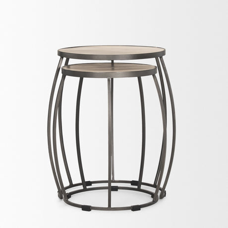 Clapp Round Light Brown W/ White Wash Wood and Silver Metal Nesting Accent Tables (Set of 2) by Mercana at Eve Furniture