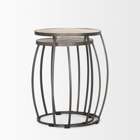 Clapp Round Light Brown W/ White Wash Wood and Silver Metal Nesting Accent Tables (Set of 2) by Mercana at Eve Furniture