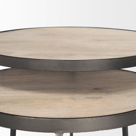 Clapp Round Light Brown W/ White Wash Wood and Silver Metal Nesting Accent Tables (Set of 2) by Mercana at Eve Furniture